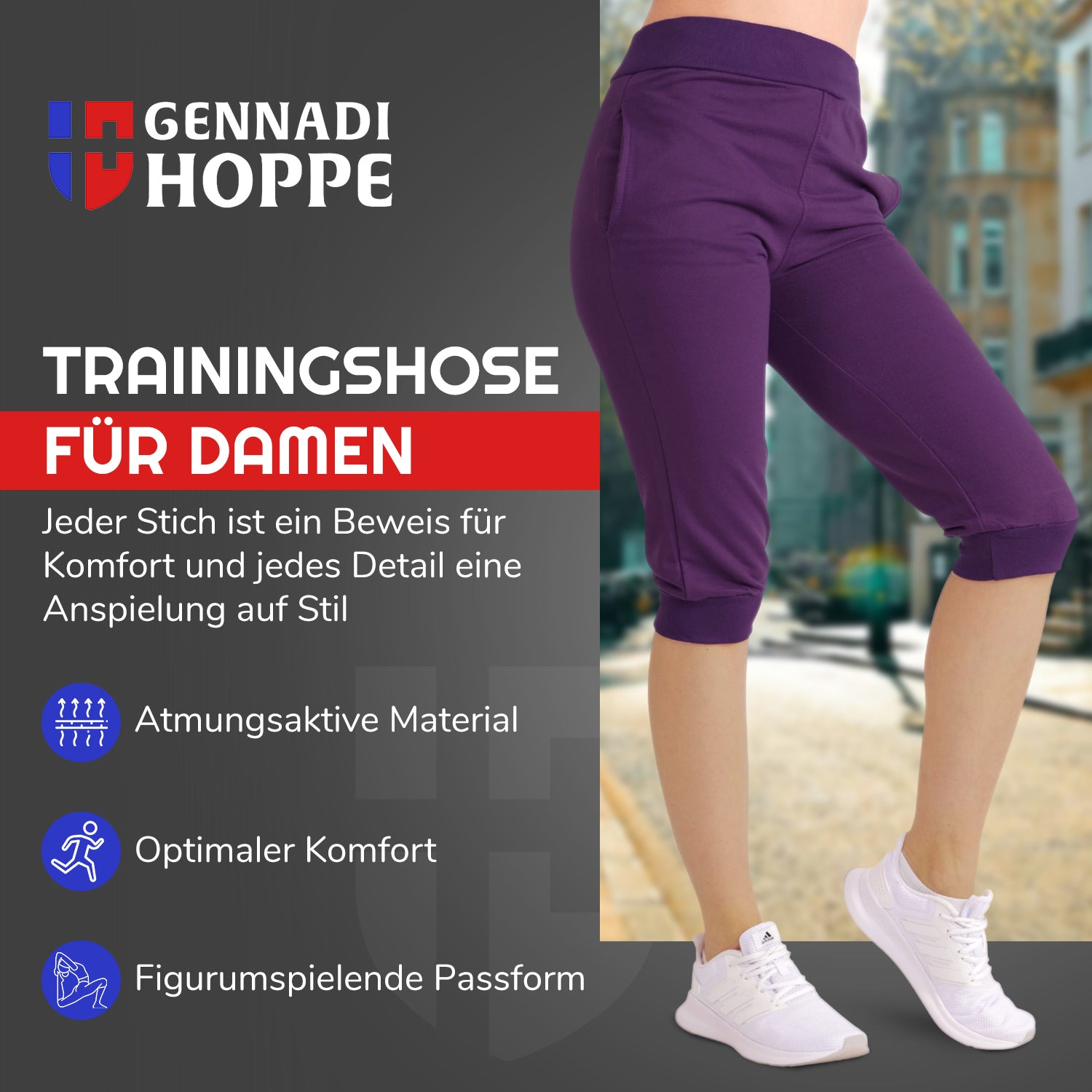 Gennadi Hoppe Damen 3/4 Trainingshose Sporthose kurze Hose Sport Fitness Jogginghose Shorts Barmuda