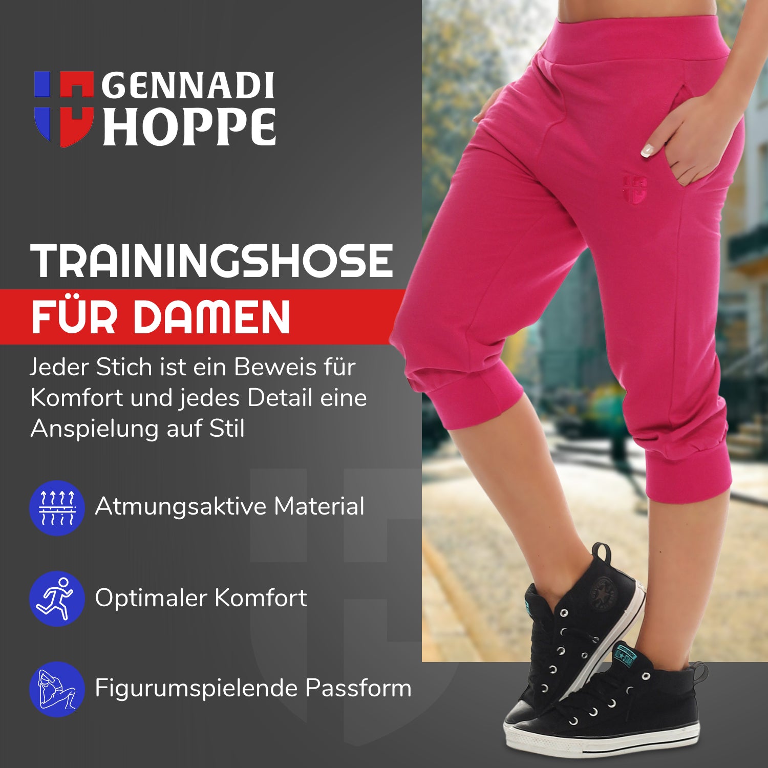 Gennadi Hoppe Damen 3/4 Trainingshose Sporthose kurze Hose Sport Fitness Jogginghose Shorts Barmuda