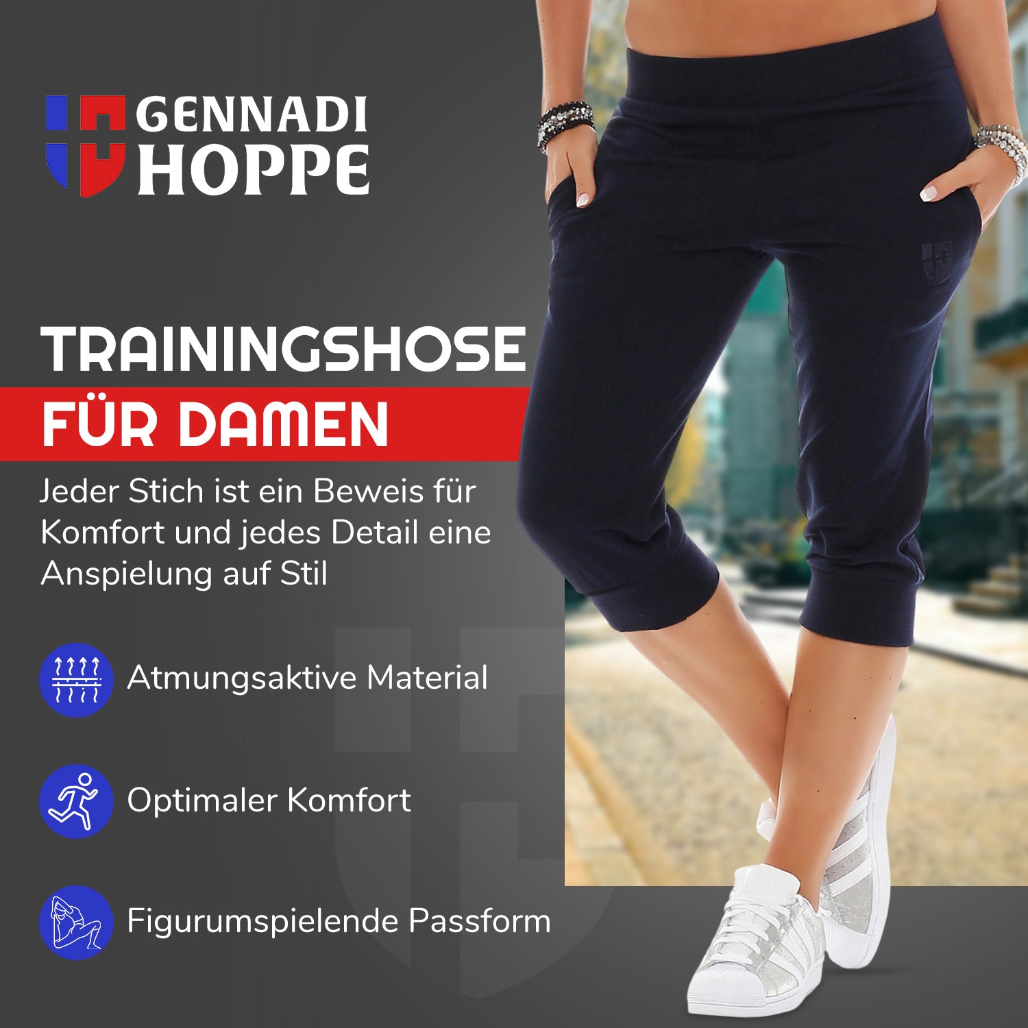 Gennadi Hoppe Damen 3/4 Trainingshose Sporthose kurze Hose Sport Fitness Jogginghose Shorts Barmuda