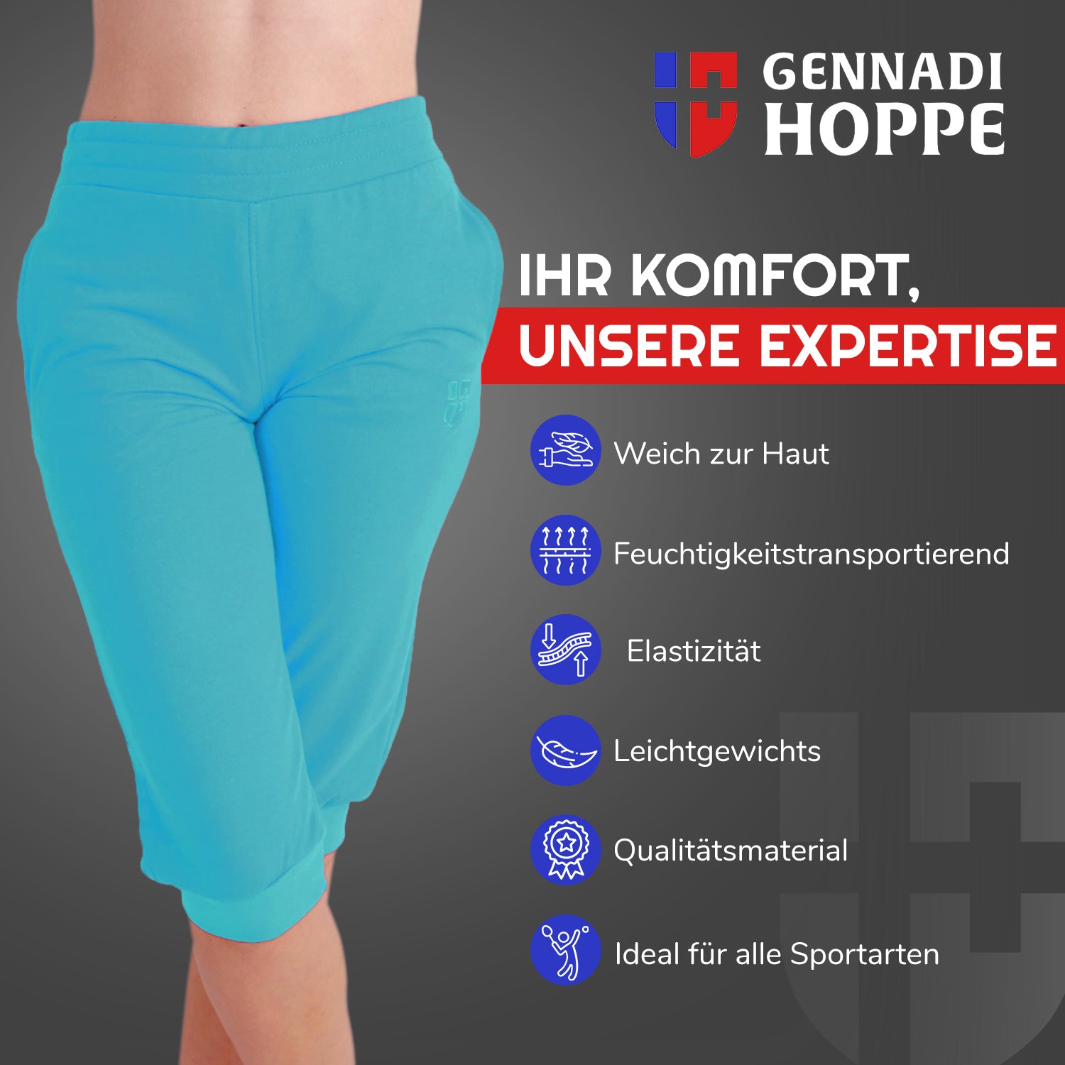 Gennadi Hoppe Damen 3/4 Trainingshose Sporthose kurze Hose Sport Fitness Jogginghose Shorts Barmuda