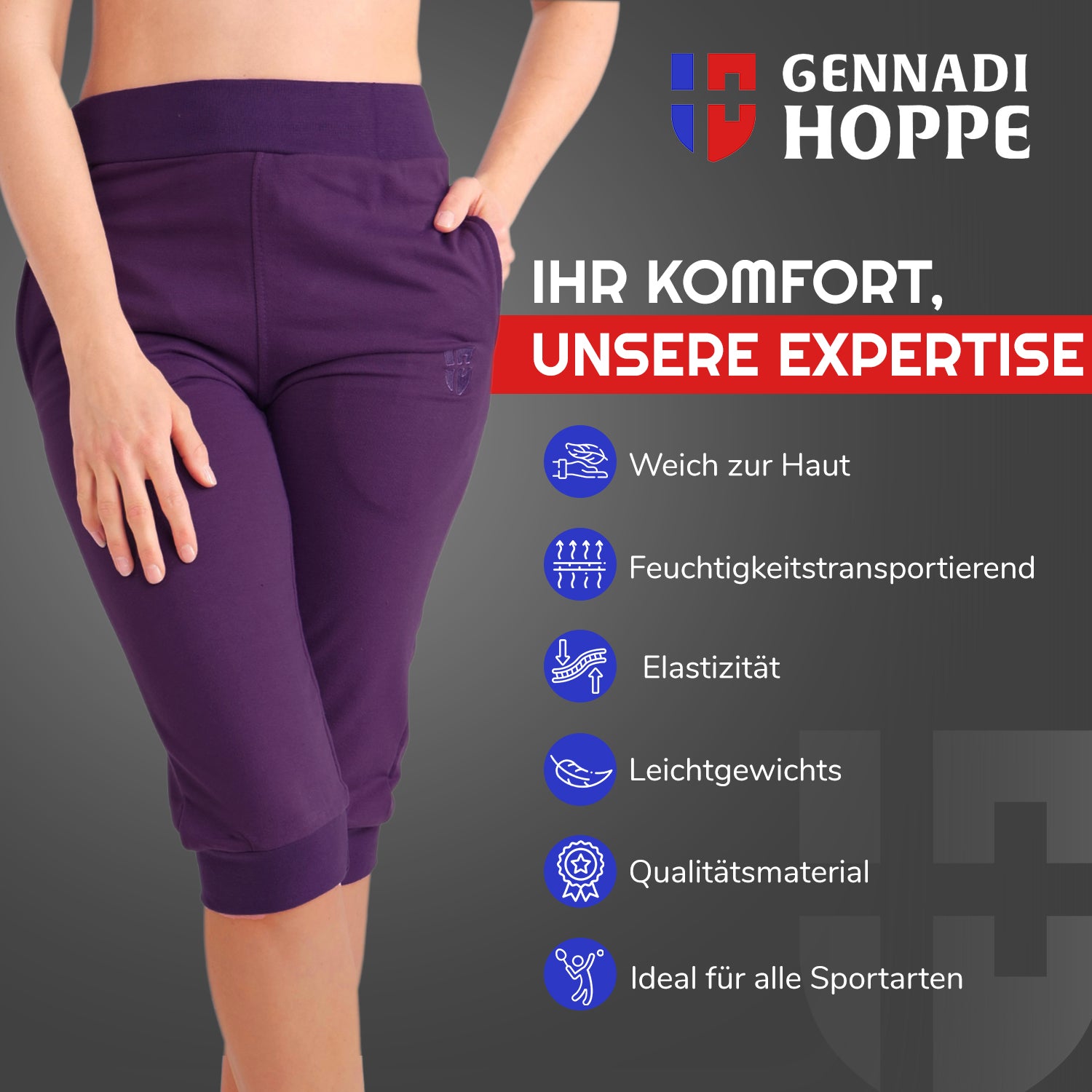 Gennadi Hoppe Damen 3/4 Trainingshose Sporthose kurze Hose Sport Fitness Jogginghose Shorts Barmuda